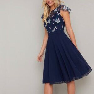 Chi Chi London Floral Novah Embroidered Dress Size 6 Navy Blue